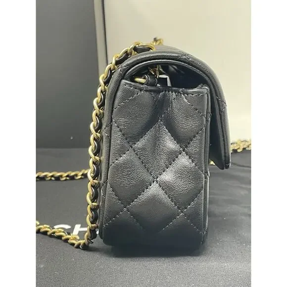 CHANEL 22S Black Mini Rectangle Pearl Crush Braid Gold Ball Flap Bag Unused - Picture 6 of 16